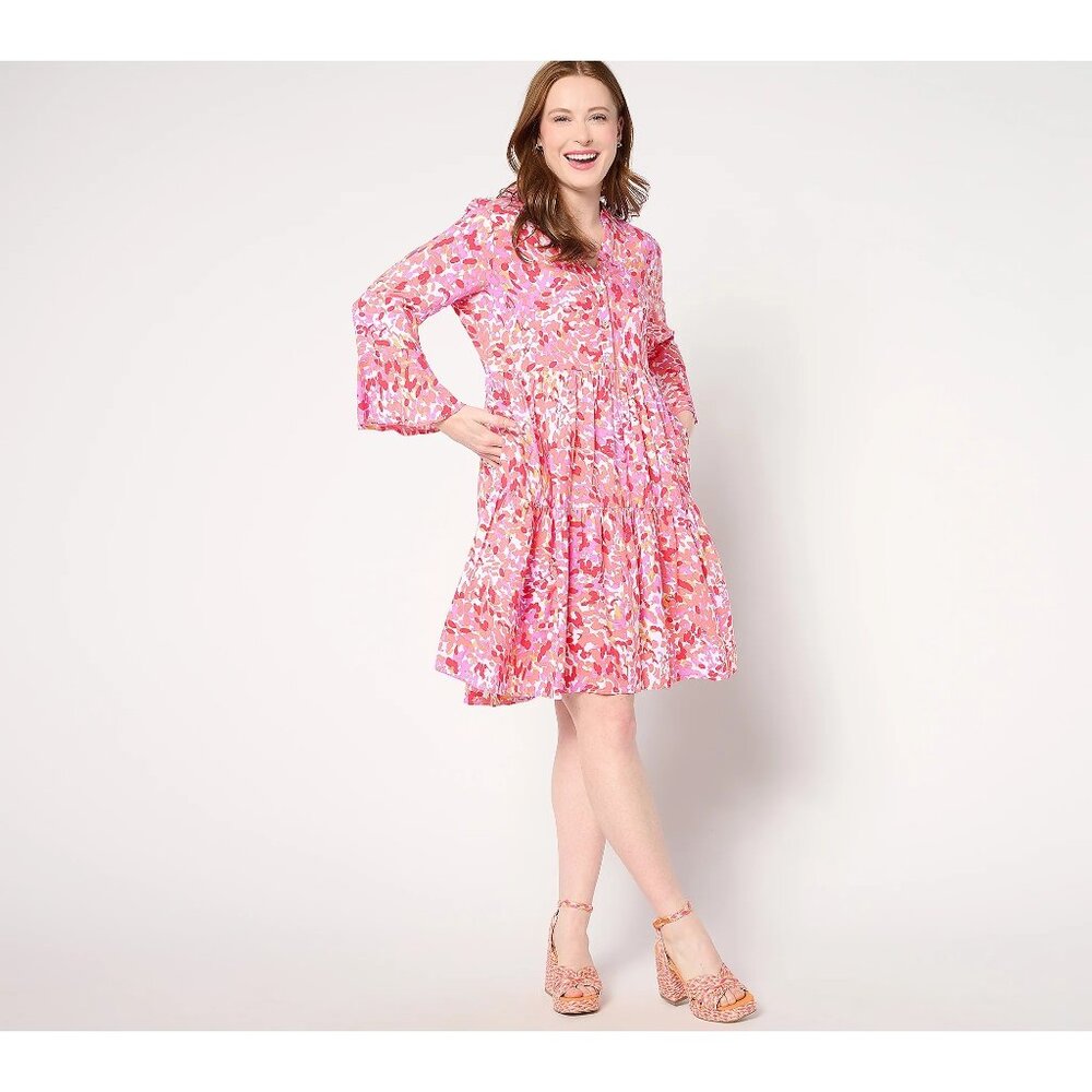 Susan Graver Passport Regular Print Woven Tiered Dress Womens XXS Spots Pink NEW